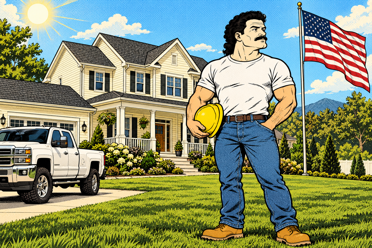 Chad standing proudly outside his American home beside a pickup truck and a huge American flag